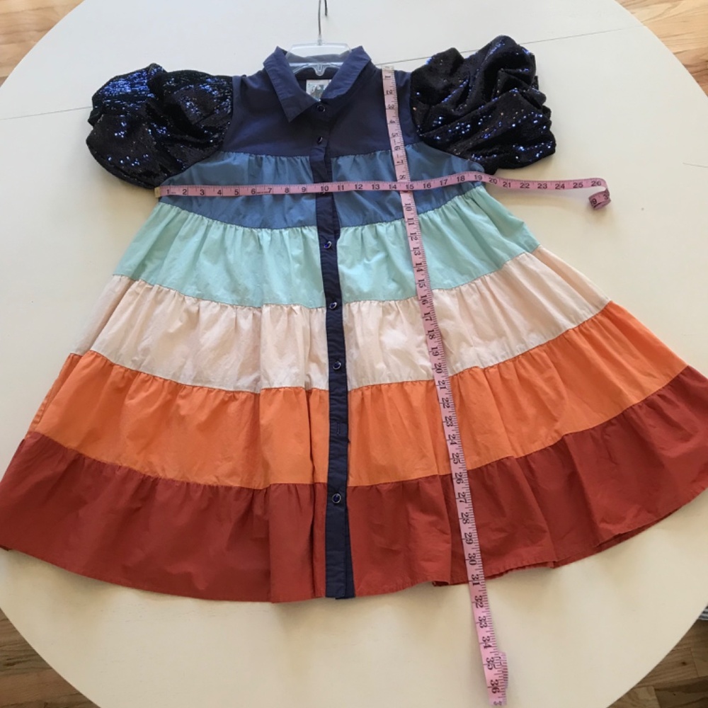 QUEEN OF HEARTS COLOR BLOCK STRIPE SEQUIN PUFF SLEEVE DRESS - Picture 10 of 11